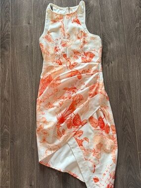 Asymmetrical White Dress with Coral Floral Print